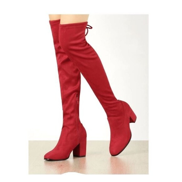 Womens Fashion Thigh High Boots 3.5" Block Heels Over the Knee Boots SZ 8.5 Red - Picture 1 of 9